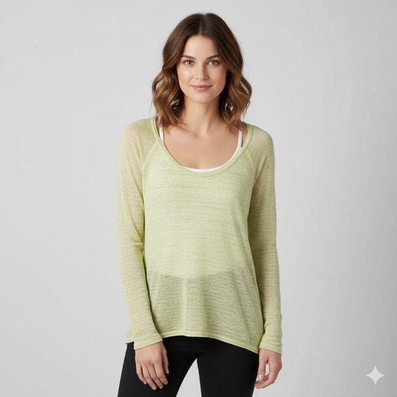 Y2k Aritzia Wilfred Free Knit Top Cropped 2000s Long sleeve Cotton Green Yellow - Picture 3 of 15